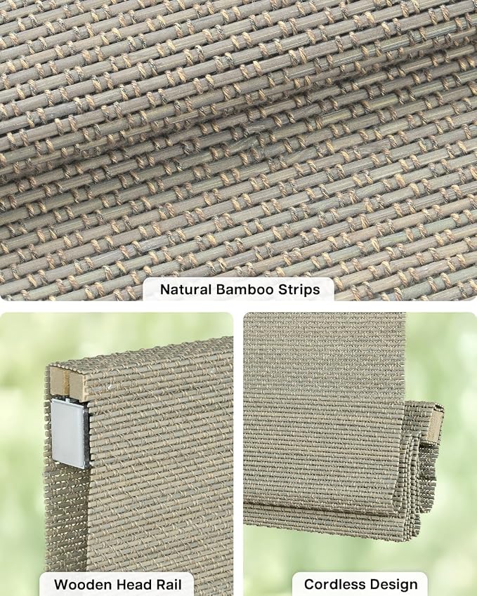 LazBlinds No Drill Cordless Bamboo Roman Shades, Light Filtering Blinds for Indoor Windows, Roll Up Bamboo Blinds for Home, 31" W x 64" H, Star-Grey