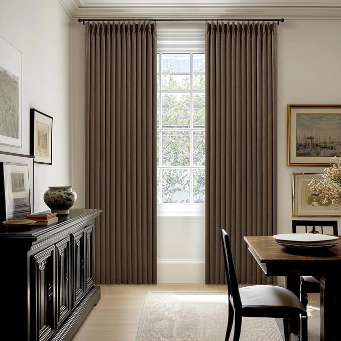 80 Inch Brown Linen Blackout Curtains for Living Room 100% Black Out Pinch Pleat Hooks for Living Room Back Tab Thick Linen Textured Pleated Drapes Light Blocking Loden Bedroom Window Curtains