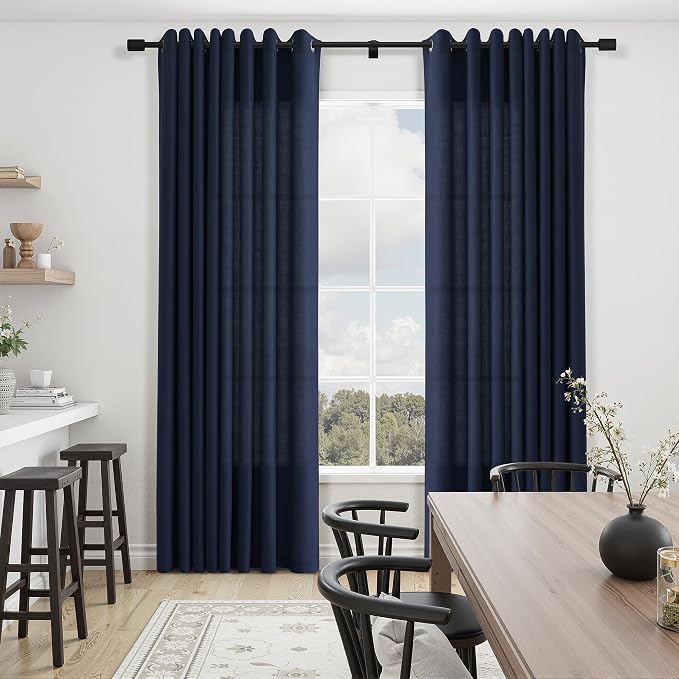 Nanspring Navy Blue Linen Curtains 90 Inches Length for Living Room Grommet Light Filtering Semi Sheer Blue Bedroom Sheer Window Curtain Cotton Textured Panel Modern Farmhouse Aesthetic Decor 52X90