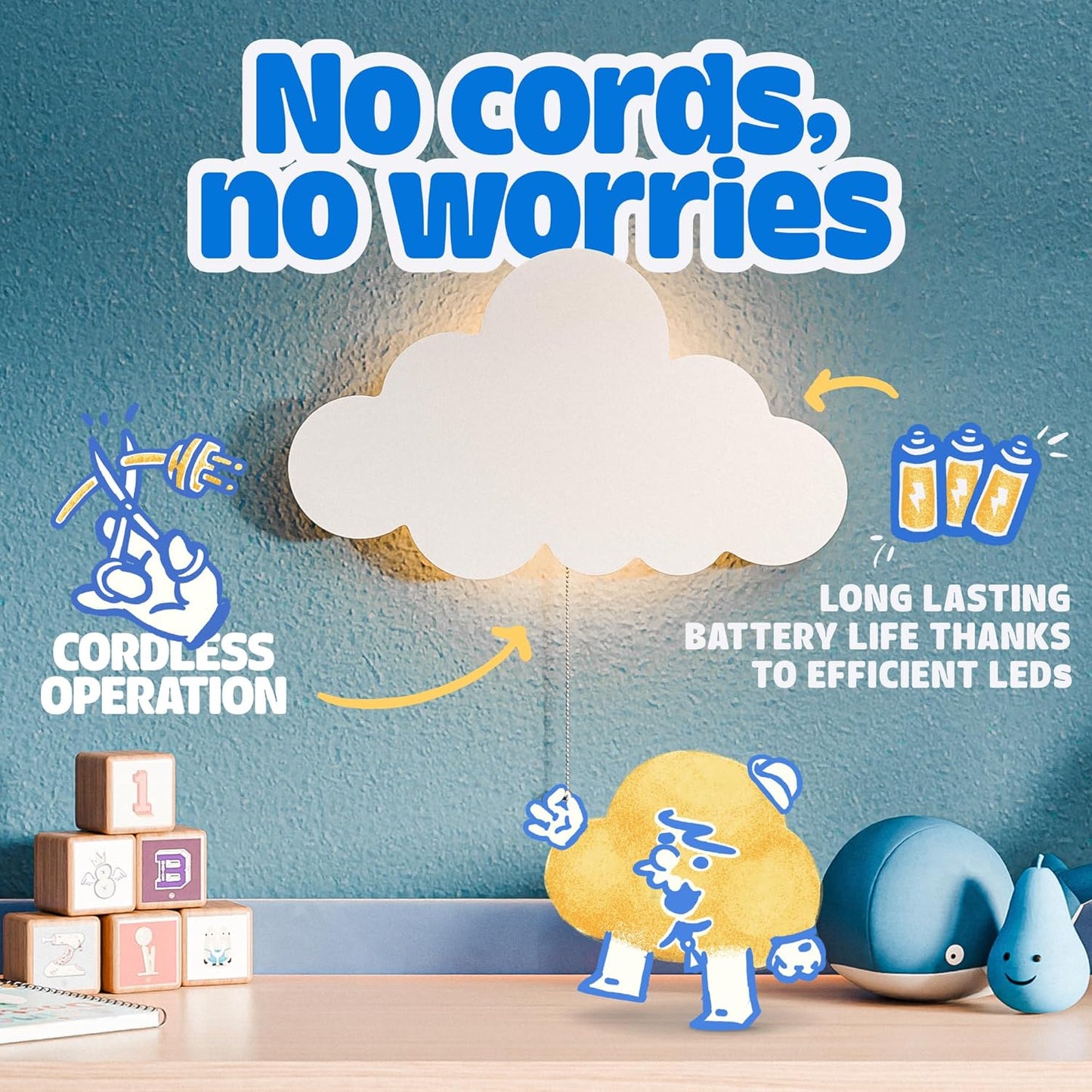 Tipperk 2 Pack - Floating Cloud Wall Lamp for Nursery & Kids Bedroom | Battery-Operated Hanging Night Lights