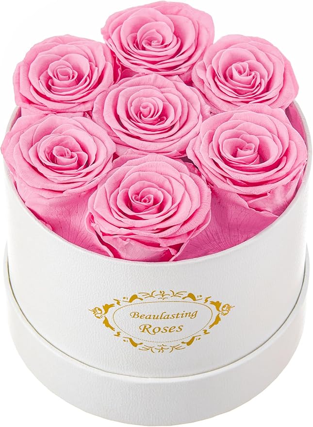 Beaulasting Long Lasting Preserved Roses in a Box Last a Year Forever Flowers for Her Mom Wife Anniversary Birthday (Round White Box, Pink)