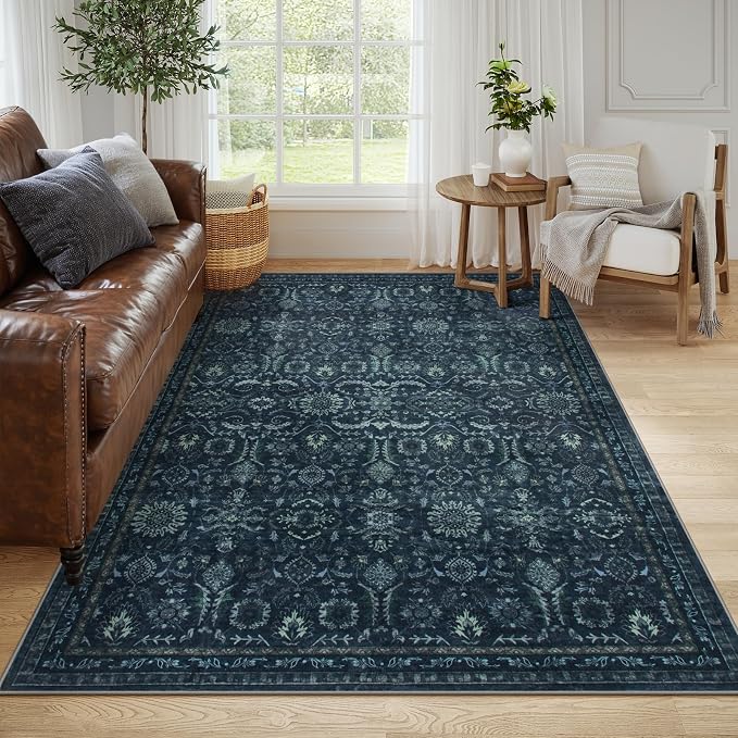 Lahome Navy Blue Rug 5x7, Boho Dark Washable Rugs for Living Bedroom Room | Vintage Carpet for Office, Rubber Backed Non Slip Carpets for Dorm Dining Room Apartment