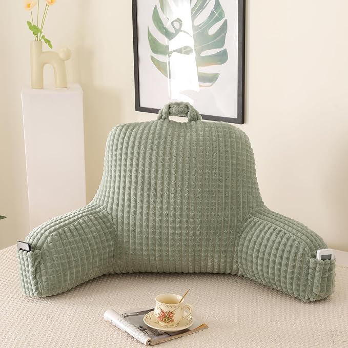 Reading Pillow with Arms for Bed Sitting,Green Flannel | Large Supportive Backrest with Arms Helps Ease Neck,Shoulder & Arm Strain While Gaming Reading or Watching TV