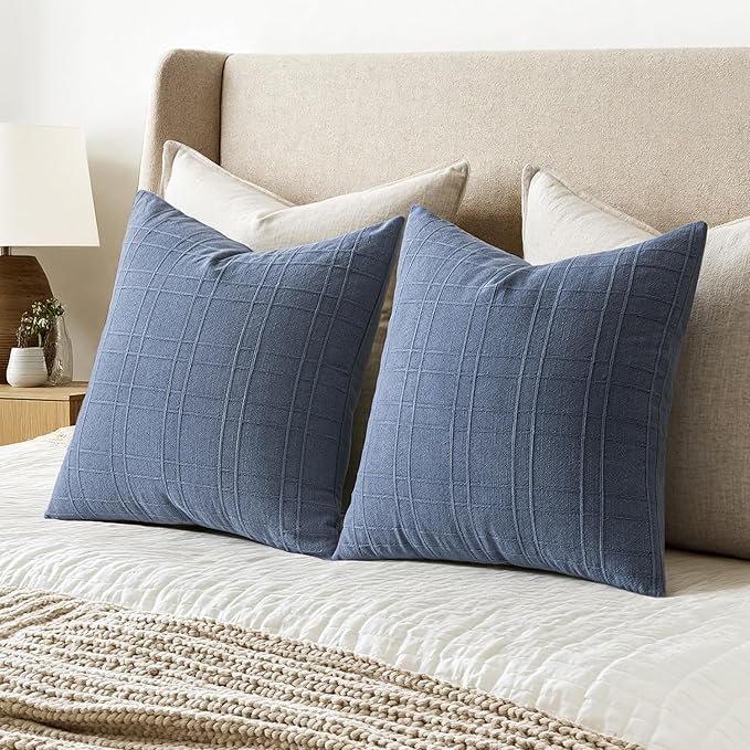 MIULEE Decorative Linen Check Euro Shams Throw Pillow Covers Neutral Farmhouse Vintage Pillow Covers 24x24 Set of 2 Boho Modern Home Decor for Sofa Couch Bedroom Cushion Blue