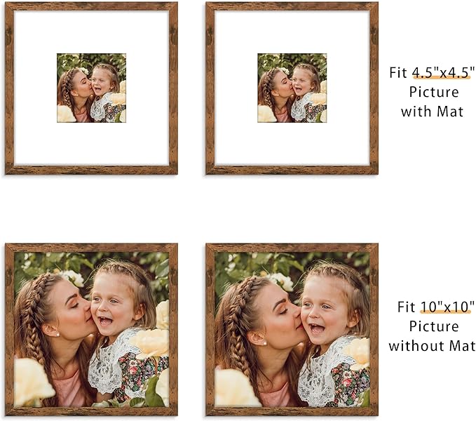 Picrit 10x10 Picture Frame Set of 12, Display 5x5 with Mat or 10x10 without Mat, Photo Frames for Wall Mounting Display, Brown