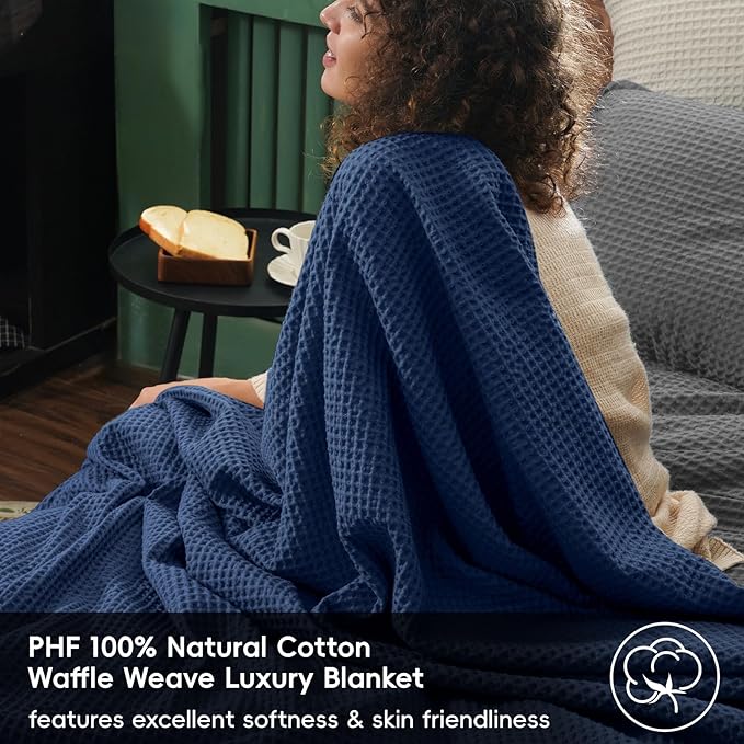PHF Pre-Washed 100% Cotton Waffle Weave Throw Blanket for Couch, Lightweight Breathable Bed Blanket for Spring Summer, Snag Proof Machine Washable, Home Decor Gift - Navy Blue/Bright Blue