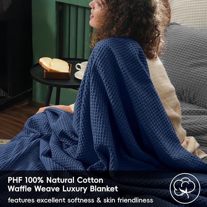 PHF 100% Cotton Waffle Weave Family Blanket Oversized King 120"*120", Pre-Washed Lightweight Breathable, Machine Washable,10'x 10' Huge Extra Large Big, Home Decoration Gift - Navy Blue/Bright Blue