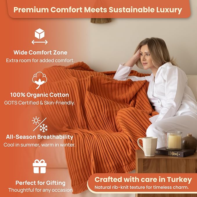 Dalisa 100% Organic Cotton Knit Throw Blanket, Harvest Pumpkin, 60x80 Inches, GOTS-Certified, Crochet Knit, Adult, Eco-Conscious Luxury, Lynx-Inspired Pattern