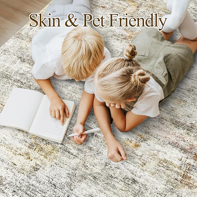 Soalmost 9x12 Area Rugs for Living Room, Non Slip Machine Washable Vintage Rugs, Low Pile Lightweight Large Rug for Bedroom, Dining Room, Home Office Gray Rust