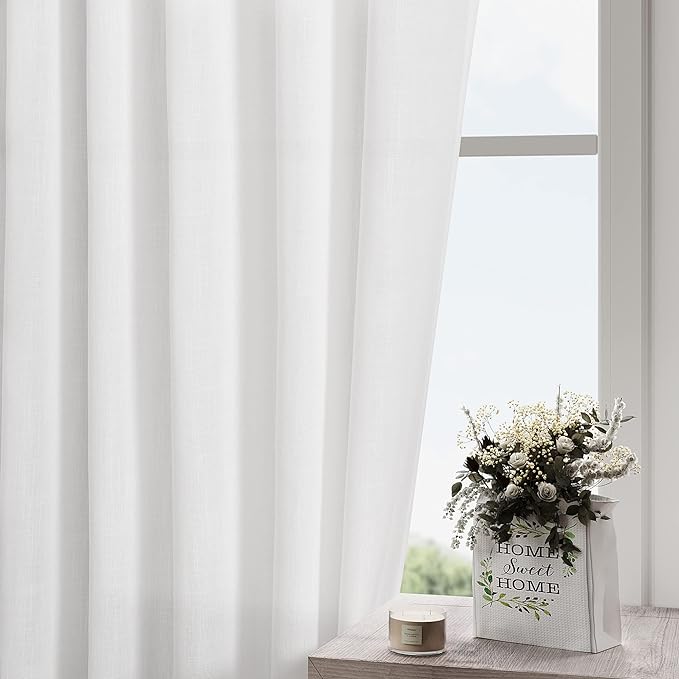 Nanspring White Semi Sheer Linen Curtains 80 Inch Length 2 Panel Set Thermal Insulated Back Tab Drapes for Bedroom Dining Room Classroom Privacy Light Filtering Windows 40x80 Inch