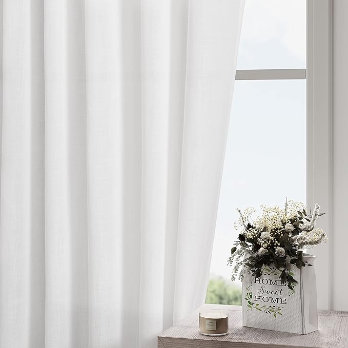 Nanspring White Linen Curtains 127 Inches Long 2 Panels Set for Living Room Extra Long Back Tab Curtains Farmhouse Semi Sheer Light Filtering Linen Drapes Ceiling to Floor for Large Window 52x127