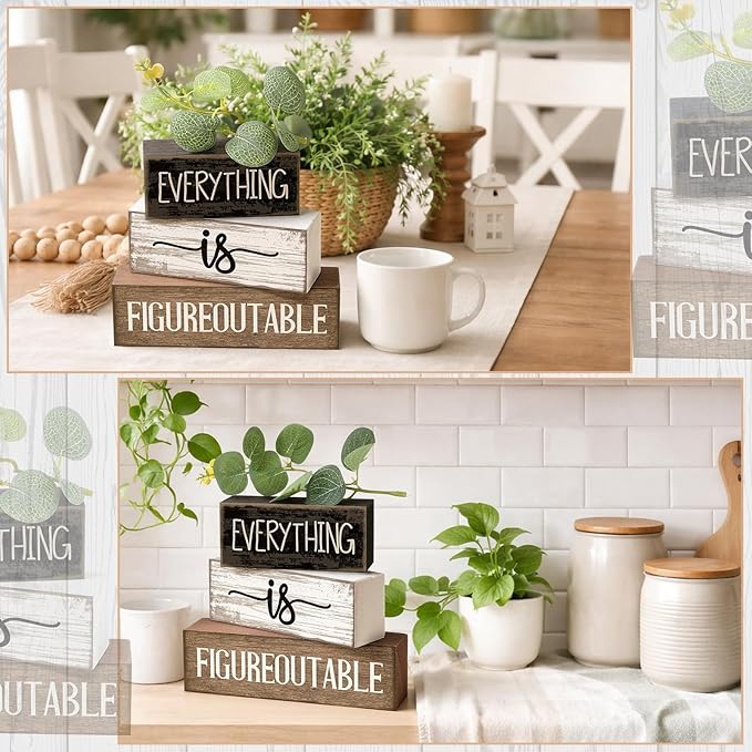 Lineshading 4 Pcs Inspirational Farmhouse Table Decor Everything Is Figureoutable Stacked Wooden Block Signs with Inspirational Quote Eucalyptus Leaves for Home, Living Room, Shelf Housewarming Gift