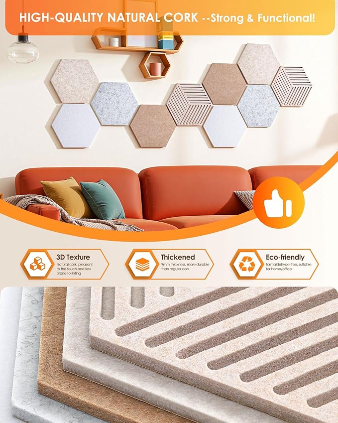 Hexagon Cork Boards for Walls Decor 10 Pack Cork Bulletin Board Tiles with 50 Pins,Pin Board for Office & Home for Notes Photos and DIY Classroom Decor (Minimalist Style)
