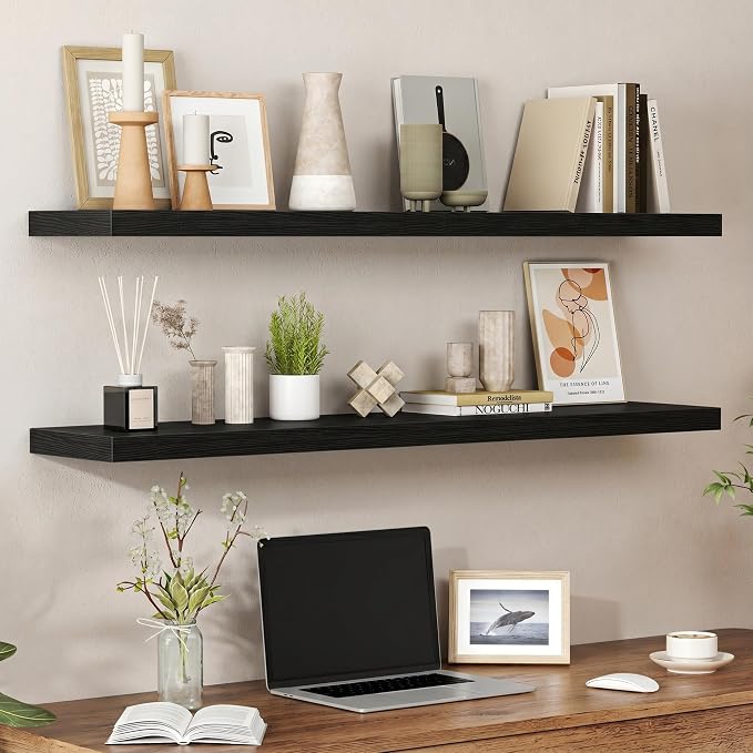 Heimlove Floating Shelves for Wall 48 Inches Long,9.3" Deep Black Floating Shelf Set of 2,Wall Mounted Wood Shelves for Bathroom Bedroom Living Room Kitchen Office,Shelf for Books Storage Room Decor