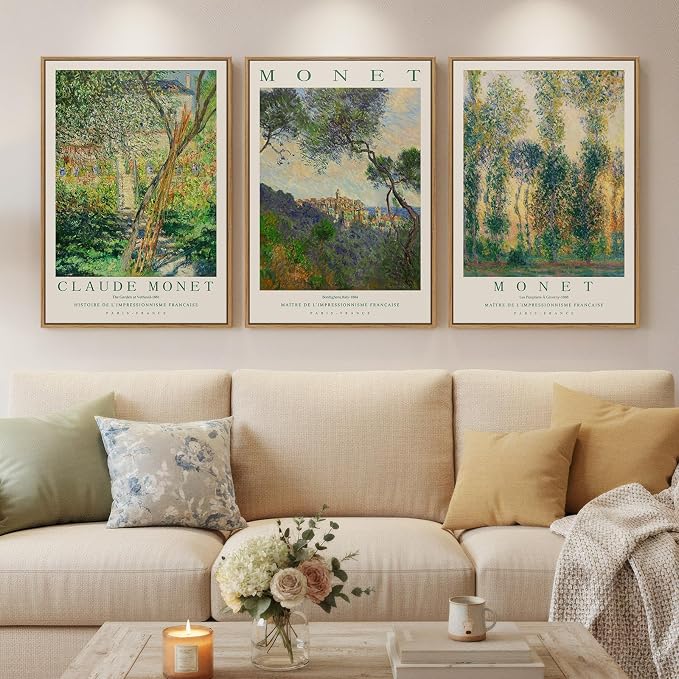 3 Piece Framed Monet Landscape Wall Art for Living Room, Large Impressionist Vintage Canvas Artwork for Walls, Green Tree Nature Prints Painting for Bedroom Dining Room Wall Decor 16x24 Inch