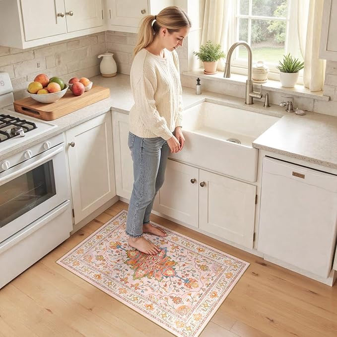 RELEANY Area Rugs 2'x3' Kitchen Rugs Entry Rug Small Rugs for Entryway Kitchen Bathroom Door Mat Indoor Entrance,Washable Non Slip, Light Pink Colorful