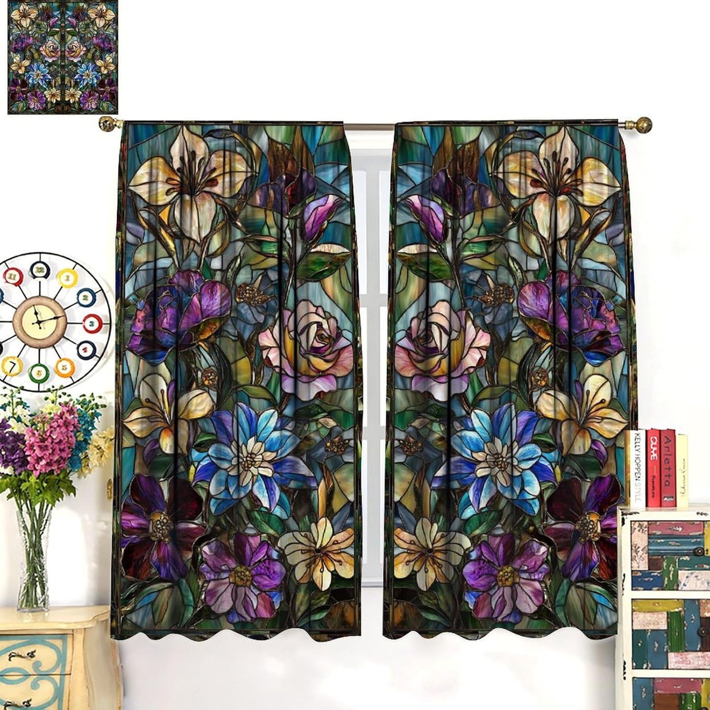 Stained Glass Curtains,Retro Colored Glass Flowers Art Home Decor Drapes for Bedroom Living Room Kitchen Window Treatment 2 Panels Set Total Size 63" W X 72" L Inch