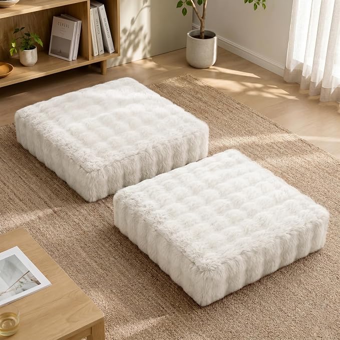 JKMAX 2 Pcs High Density Foam Floor Pillow - Upgraded Large Pillows Seating for Adults - Outdoor Floor Cushion with Soft Tufted Cover - Yoga Pillows for Sitting On Floor - 22 Inch Almond White