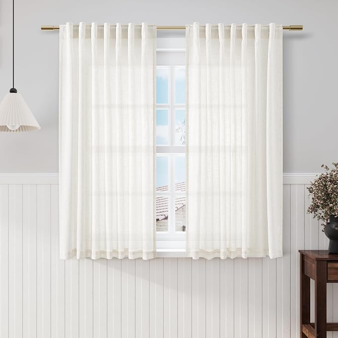 Beige White Kitchen Cafe Sheer Curtains 54 Inch Long 2 Panel Back Tab Linen Textured Light Filtering Short Neutral Bohemian Farmhouse Bedroom Bathroom Curtains 52Wx54L