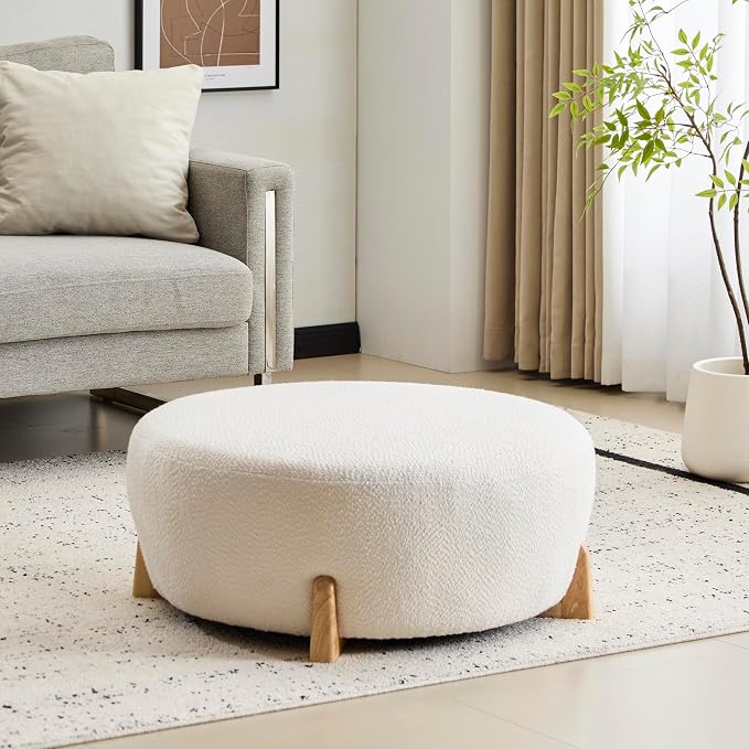 Christopher Knight Home Tatia Modern Boucle Upholstered Ottoman Coffee Table, Multi-Functional Sofa Footrest with Wooden Frame, Extra Seating for Living Room, Bedroom, Entryway, White+Natural