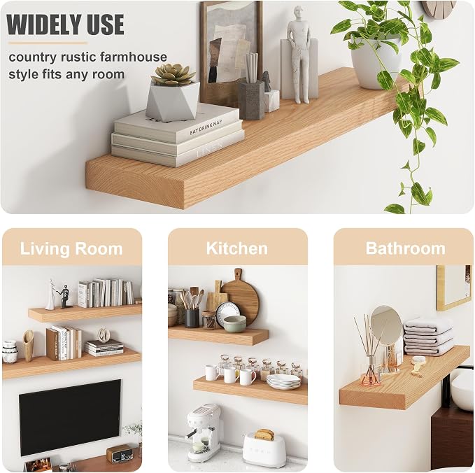FLYJOE Floating Shelves for Wall, USA-Sourced Oak Wood 16 Inch Wall Shelves Set of 2, Natural Wooden Mounted Picture Ledge Shelf, Nursery Book Storage Shelf Kids Bookshelf Display, Shelf for Bathroom