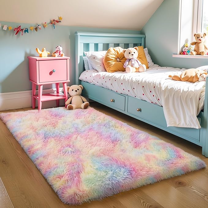 KICHOWUA Thick Area Rug 5x7 Rainbow Fluffy Shag for Girls Bedroom,Ultra Soft Unicorn Plush Fuzzy Washable Thickened Non-Slip Carpet, Pastel Furry Shaggy Rug for Living Room Kids Boys Nursery Dorm