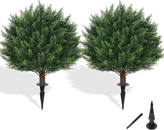 Grooy Artificial Cypress Topiary Tree with Ground Spike, Set of 2 Artificial Shrub Bushes, Fake Evergreen Tree for Porch, Artificial Plants for Outdoor Planters Indoor UV Resistant