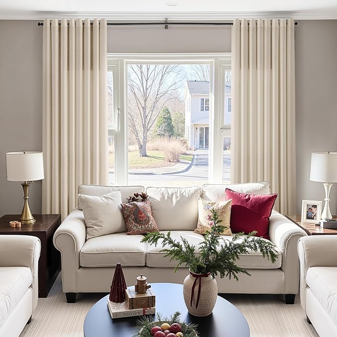 Birch Beige Linen Curtains 90 Inches Long for Living Room Light Filtering Semi Sheer Grommet Top Curtain Luxury Neutral Sheer Modern Farmhouse Privacy Drapes for Bedroom Dinner Room 52x90, 2 Panels
