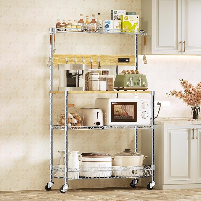 Bakers Rack with Power Outlet & Storage, 33 Inch Microwave Stand Kitchen Shelf Storage Rack, Coffee Bar Cart with Wheels & Hooks, 4-Tier Metal Kitchen Shelves Cart, Chrome