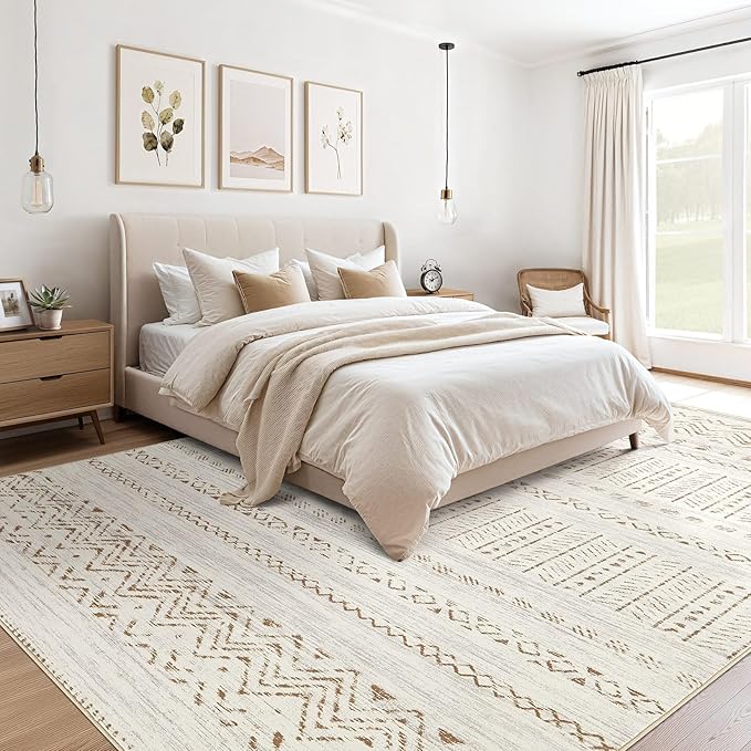 cotiled 12x15 Area Rug Living Room: Washable Boho Rugs with Non Slip Backing Large Soft Indoor Stain Resistant Carpet for Bedroom Farmhouse Dining Room Lightweight Home Decor Brown/Cream