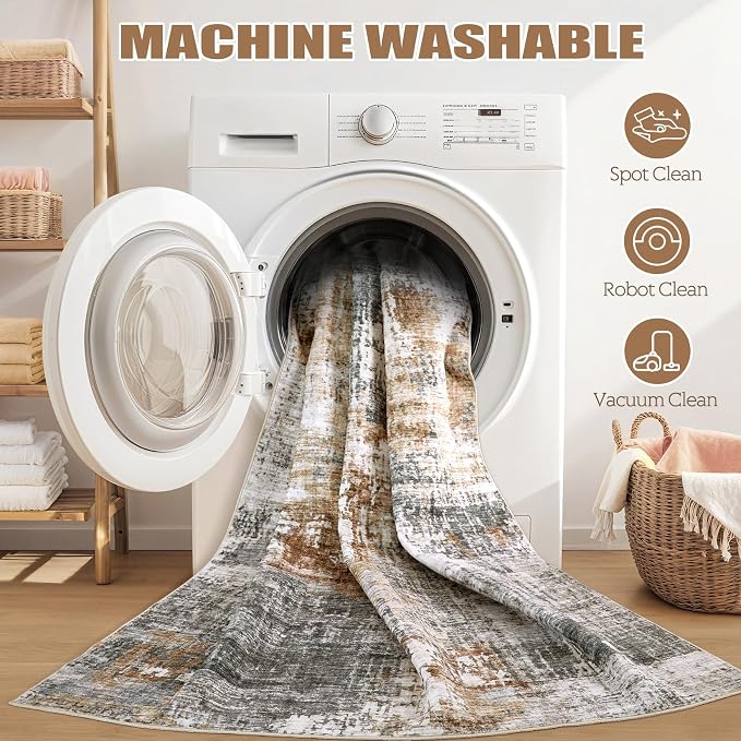 DMOYEST 2x3 Entryway Area Rug: Washable Neutral Modern Abstract Small Rug - Non-Slip Low Pile Throw Indoor Carpet for Entrance Kitchen Front Door Mat Bathroom Entry Kids Room - Grey Brown