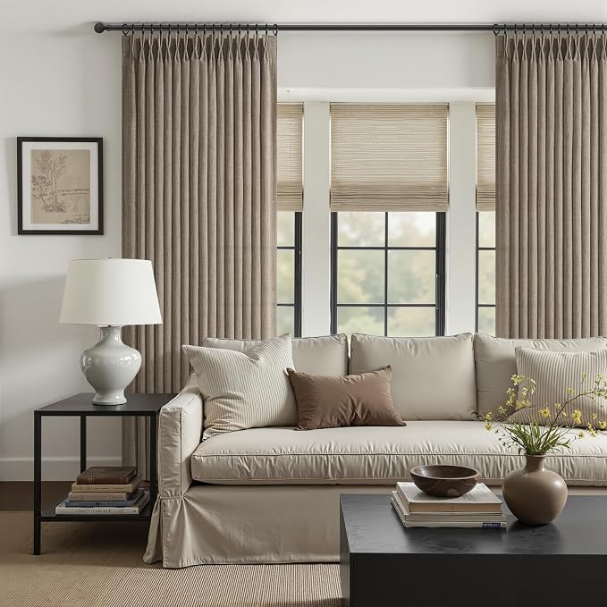 Dark Flax Natural Linen 90 Inch Sliding Door Curtains 4 Panels Set, Memory Shape Pinch Pleated Semi Sheer Privacy Curtain That Let Light in Dining Room Modern Drapes Windows Burg with Hooks & Rings
