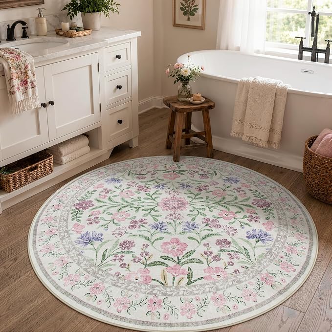 Wonnitar Floral Purple Round Area Rug 5ft, Soft Washable Kids Room Rug, Boho Ultra-Thin Non Slip Circle Carpet for Bedroom Girls Nursery Dorm Living Room Classroom, Light Purple/Pink