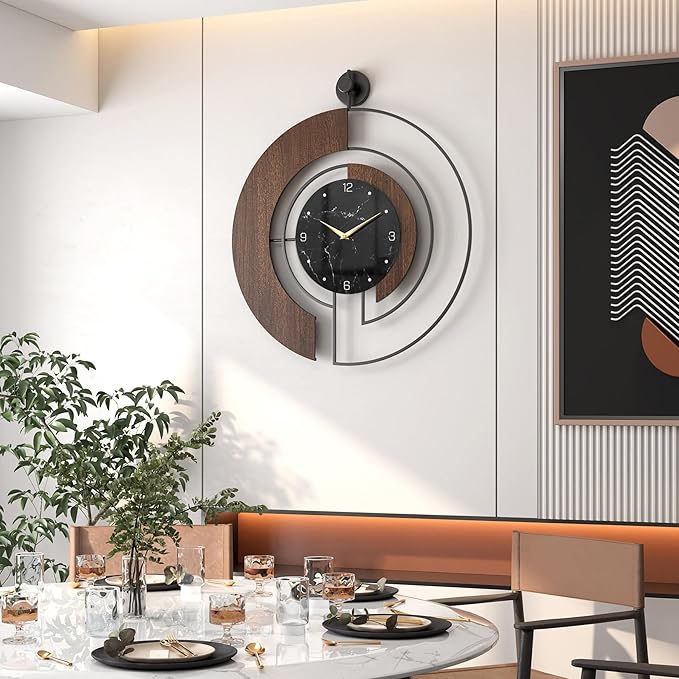 Modern Walnut Marble Dial Wall Clock, Large Wood Metal Frame Silent Non Ticking Wall Clocks for Living Room, Bedroom Decoration, Contemporary Home Wall Decor Gift Idea, 29.5 in