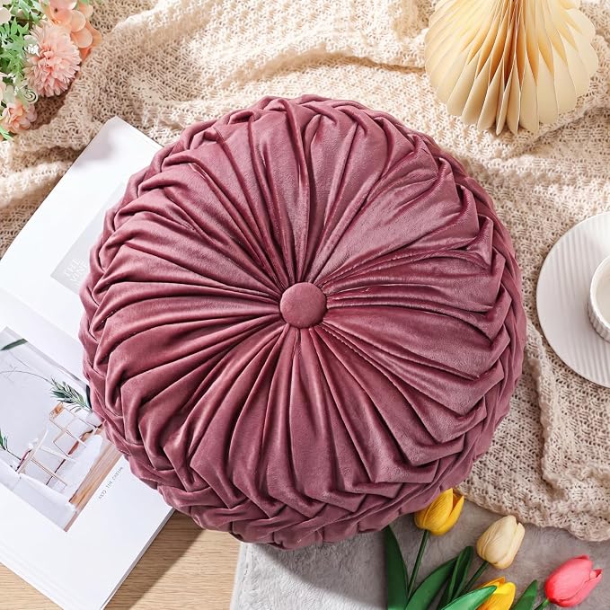 Drydiet 1 Pcs Round Throw Velvet Pillows Decorative Pleated Throw Pillows Diameter Accent Pumpkin Boho Chair Cushion for Couch Sofa Home Decoration (Mauve Rose,15'')