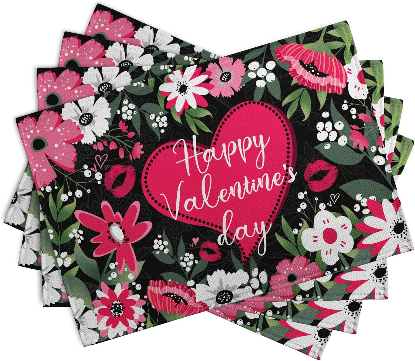 Happy Valentine's Day Placemats Set of 4 Valentine Flowers Love Heart Place Mats Pink Red White Floral Linen Table Mats Seasonal Black Placemat for Anniversary Wedding Party Kitchen Dining Decor