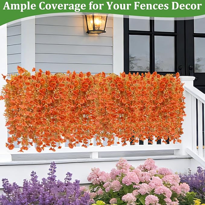 TURNMEON 4 Pcs Artificial Hanging Flowers for Outdoors Decorations Faux Flowers Plants for Outdoors, Silk Morning Glory with Eucalyptus Look Real UV Resistant for Home Yard Porch Outdoor(Orange)