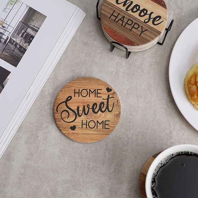 Adorever Coasters for Drinks Absorbent with Holder, 6 Pcs Ceramic Rustic Farmhouse Drink Coasters for Coffee Table Tabletop Protection, Housewarming Gift New Home Decor