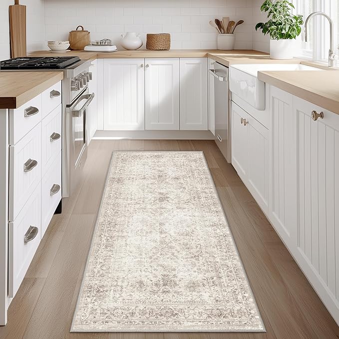 FMFUNCTEX 2x12 Runner Rug Beige Washable Vintage Neutral Distressed Non Slip Low Pile Indoor Carpet Retro Floral Hallway Entryway Rug for Kitchen Living Room Bedroom Bathroom Laundry Entry Bedside