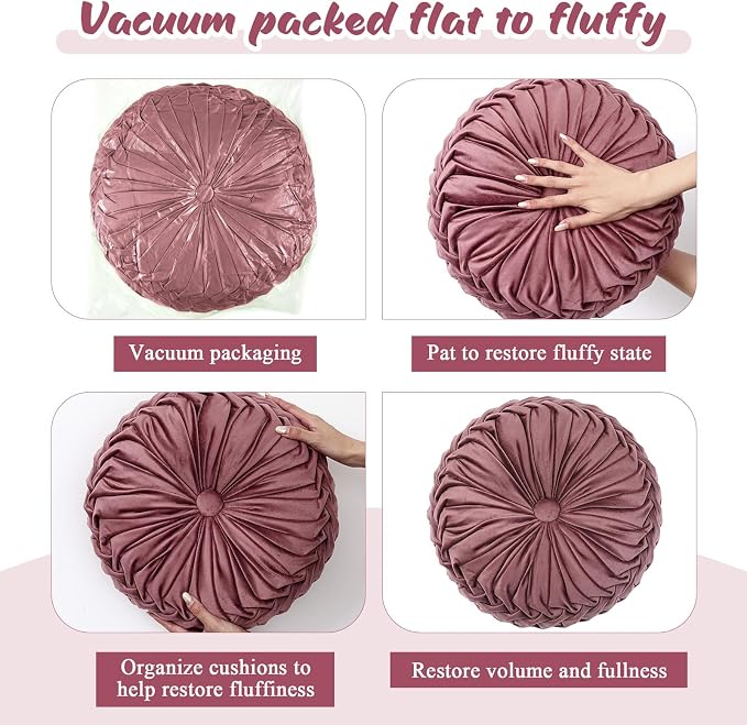 Drydiet 1 Pcs Round Throw Velvet Pillows Decorative Pleated Throw Pillows Diameter Accent Pumpkin Boho Chair Cushion for Couch Sofa Home Decoration (Dusty Rose,15'')