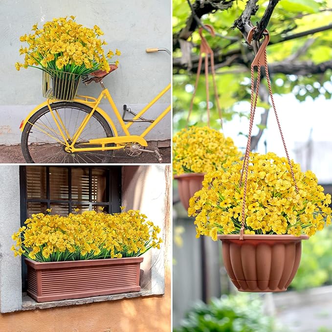 Ouddy Decor 12 Bundles Artificial Flowers for Decorations Fake Silk Plants for Outdoor Indoor UV Resistant Faux Plastic Greenery Stems for Window Garden Porch Home Spring Summer Decoration, Yellow