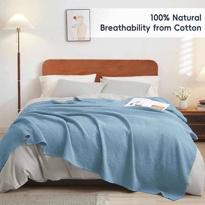 PHF Pre-Washed 100% Cotton Waffle Weave Blanket Twin Size for Bed,Snag Proof Throw Blanket for Couch Spring Summer Lightweight Breathable,Machine Washable, Home Decor Gift - Dusty Blue