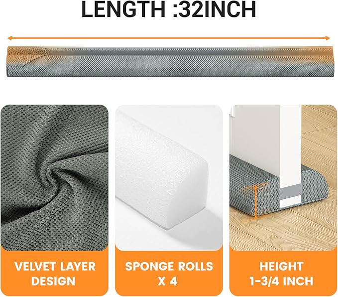 fowong Door Draft Stopper 32" Under Door Draft Stopper Soundproofing 28 Inch to 32 Inch Triangle Noise Blocker Seal Large Gap up to 1.7", Easy to Install Grey