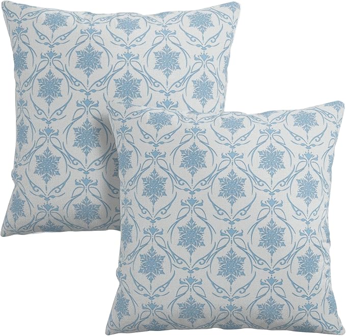 Winter Snowflakes Pillow Covers Blue Block Print Throw Pillow Covers Vintage Neutral Pillowcase 16x16 Set of 2 Elegant French Cushion Case for Living Room Couch Sofa