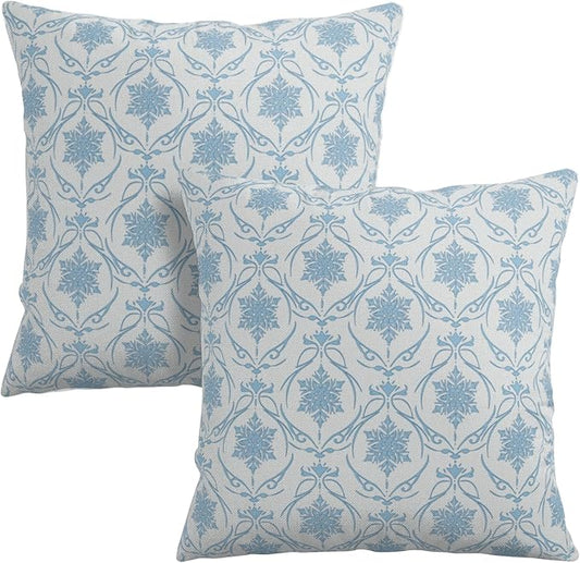 Winter Snowflakes Pillow Covers Blue Block Print Throw Pillow Covers Vintage Neutral Pillowcase 20x20 Set of 2 Elegant French Cushion Case for Living Room Couch Sofa