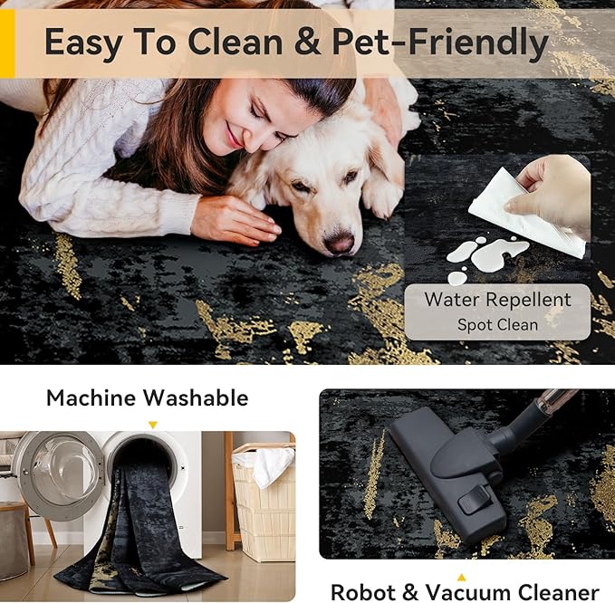RELEANY Washable Area Rugs 8ft Non-Slip Modern Abstract Soft for Living Room Entryway Bedroom Nursery, Print Pattern, Dark Black Gold