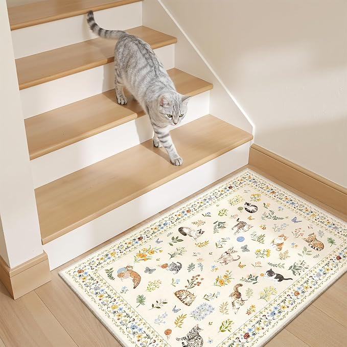Soalmost 2x3 Cat Rugs for Entryway, Machine Washable Door Mat Animal Floral Small Area Rug Non-Slip Low Pile Soft Throw Rugs for Entrance Kitchen Indoor Front Door Kids Room (2 x 3,Beige)