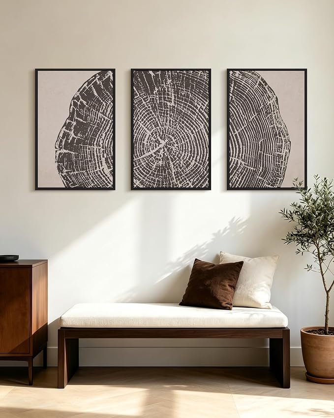PHOPAGO Vintage Tree Rings Wood Framed Wall Art Large 16x24in Modern Retro Rustic Wood Stump Wall Decor Nature Farmhouse Art Prints Bedroom Living Room Home Decor- Black Framed