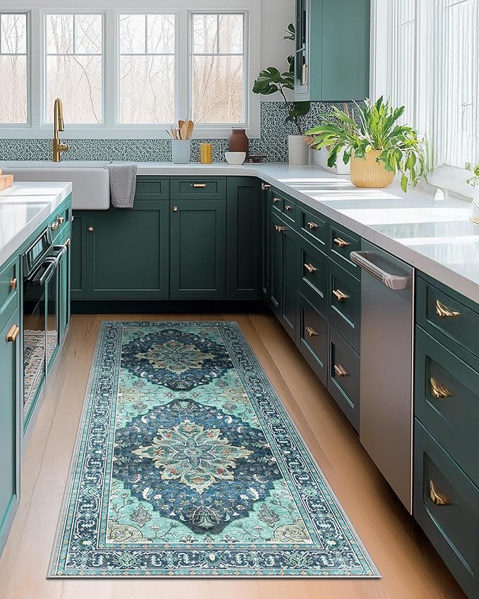RELEANY Area Rugs 2'x6' Runner Rug Non Slip Washable for Kitchen Hallway Bedroom Beside Laundry Room Bathroom Rug, Floor Carpet, Teal Green Lake Blue Turquoise