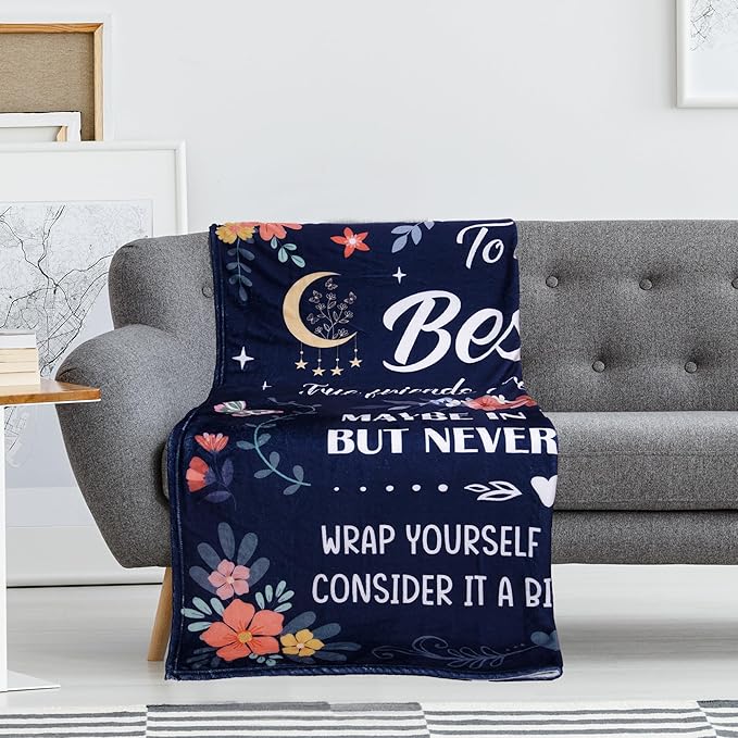 Bestie Gifts for Women Throw Blanket, Friendship Quote Floral Design Soft Cozy Fuzzy Flannel Blanket, Gift for Best Friend Girls Birthday Christmas (50" x 60")